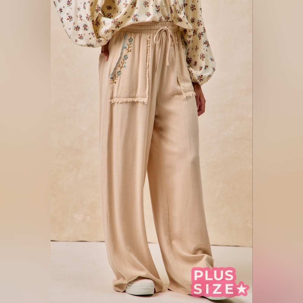 P4-0309 Embroidered Wide Leg Raw Hem Boho Pants By BiBi